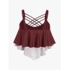 Rosegal Womens Plus Size Skeleton Print Flounce Crisscross Strappy Tankini Swimwear Set(Red)