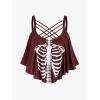 Rosegal Womens Plus Size Skeleton Print Flounce Crisscross Strappy Tankini Swimwear Set(Red)