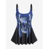 Rosegal Womens Plus Size Skull Rose Wing Print Cinched Boyshorts Tankini Swimsuit Set(Blue)