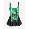 Rosegal Womens Plus Size Skull Rose Wing Print Cinched Boyshorts Tankini Swimsuit Set(Green)