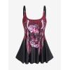 Rosegal Womens Plus Size Skull Rose Wing Print Cinched Boyshorts Tankini Swimsuit Set(Red_2)