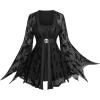 ROSE GAL Plus Size Women Gothic Halloween Costume Flocking Bat Mesh Asymmetric Bell Sleeve 2 in 1 Goth Swing Top(Black)