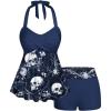 ROSE GAL Plus Size Women Gothic Two Piece Bathing Suit Skull Floral Print Twist Front Halter Goth Tankini Swimsuit(Deep Blue)