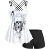 ROSE GAL Plus Size Women Gothic Two Piece Swimsuits 2 Piece Boyleg Strappy Skulls Tankini Bathing Suits(White_1)