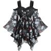 ROSE GAL Plus Size Women Halloween Costume T-Shirt Gothic Top Skull Mesh Lace Up Bell Sleeve Cold Shoulder Top(Black)