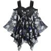 ROSE GAL Plus Size Women Halloween Costume T-Shirt Gothic Top Skull Mesh Lace Up Bell Sleeve Cold Shoulder Top(Deep Blue)