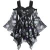ROSE GAL Plus Size Women Halloween Costume T-Shirt Gothic Top Skull Mesh Lace Up Bell Sleeve Cold Shoulder Top(Purple)