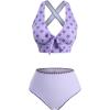 ROSE GAL Plus Size Women Heart Print High Waisted Contrast Whip Stitching Crisscross Back Bikini Set(Light Purple)
