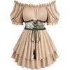 ROSE GAL Plus Size Women Medieval Renaissance Off Shoulder Blouse Lace-up Jacquard Corset Swing Puff Sleeve Top(Khaki)