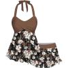 ROSE GAL Plus Size Women Modest Two Piece Bathing Suit Floral Print Twist Front Drawstring Side Halter Tankini Swimsuit(Coffee)