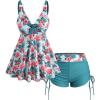 ROSE GAL Plus Size Women Tropical Flamingo Floral Leaf Print Self-tie Modest Tankini Swimsuit(Blue)