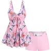 ROSE GAL Plus Size Women Tropical Two Piece Bathing Suit Floral Leaf Print Self-tie Modest Tankini Swimsuit(Pink)