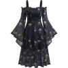 ROSE GAL Rosegal Plus Size Women Medieval Gothic Bell Sleeves Cold Shoulder Skulls Dress Halloween Dress(Blue_2)