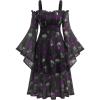 ROSE GAL Rosegal Plus Size Women Medieval Gothic Bell Sleeves Cold Shoulder Skulls Dress Halloween Dress(Purple_1)