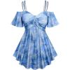 ROSE GAL Rosegal Women Plus Size Cold Shoulder Top Galaxy Moon Star Twist Chains Hollow Out Ombre Tie Tee(Blue_2)