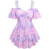 ROSE GAL Rosegal Women Plus Size Cold Shoulder Top Galaxy Moon Star Twist Chains Hollow Out Ombre Tie Tee(Pink_3)