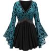 ROSE GAL Rosegal Women Plus Size Gothic Moon Star Mesh Panel Bell Sleeves Chain Tassel T-Shirt(Blue_2)