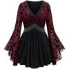 ROSE GAL Rosegal Women Plus Size Gothic Moon Star Mesh Panel Bell Sleeves Chain Tassel T-Shirt(Deep Red_1)