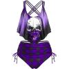 ROSE GAL Rosegal Women Plus Size Gothic Tankini Swimsuit Skull Print Crisscross Flounce Two Piece Bathing Suit(Purple_1)