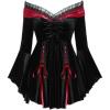 ROSE GAL Rosegal Women Plus Size Romantic Gothic Lace-up Lace Panel Ruched Bell Sleeves Velvet Tee(Black_2)