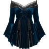 ROSE GAL Rosegal Women Plus Size Romantic Gothic Lace-up Lace Panel Ruched Bell Sleeves Velvet Tee(Blue_5)