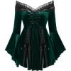ROSE GAL Rosegal Women Plus Size Romantic Gothic Lace-up Lace Panel Ruched Bell Sleeves Velvet Tee(Green_1)