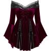 ROSE GAL Rosegal Women Plus Size Romantic Gothic Lace-up Lace Panel Ruched Bell Sleeves Velvet Tee(Red_1)