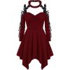 ROSE GAL Rosegal Womens Plus Size Gothic Choker Lace-up Grommets Cutout Handkerchief Hem Cold Shoulder Long Sleeve Tunic Top(Red)