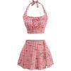 ROSE GAL Women Plus Size Cute Gingham Bowknot Print Lace-up Bikini Halter Two Piece Swimsuit with Skirt(Red)
