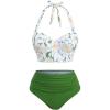 ROSE GAL Women Plus Size Daisy Print Bikini Halter Push Up Two Piece Swimsuit Tummy Control Bathing Suit(Green)