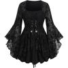 ROSE GAL Women Plus Size Flare Sleeves Ruffles Flower Lace Up 2 in 1 Top(Black_5)