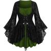 ROSE GAL Women Plus Size Flare Sleeves Ruffles Flower Lace Up 2 in 1 Top(Green_4)