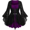ROSE GAL Women Plus Size Flare Sleeves Ruffles Flower Lace Up 2 in 1 Top(Purple_3)