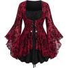 ROSE GAL Women Plus Size Flare Sleeves Ruffles Flower Lace Up 2 in 1 Top(Red_2)