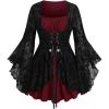 ROSE GAL Women Plus Size Flare Sleeves Ruffles Flower Lace Up 2 in 1 Top(Red_3)