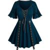 ROSE GAL Women Plus Size Gothic Blouse Skulls Mesh Flocking Flutter Sleeves Lace Up Crinkle Textured Goth Swing Top(Deep Green)