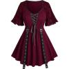 ROSE GAL Women Plus Size Gothic Blouse Skulls Mesh Flocking Flutter Sleeves Lace Up Crinkle Textured Goth Swing Top(Red)