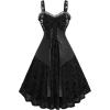 ROSE GAL Women Plus Size Gothic Lace-up PU Leather Patchwork Flocking Midi Dress Buckles Lace Trim Vintage Goth Midi Dress(Black_1)