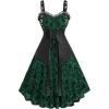 ROSE GAL Women Plus Size Gothic Lace-up PU Leather Patchwork Flocking Midi Dress Buckles Lace Trim Vintage Goth Midi Dress(Green_1)