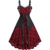 ROSE GAL Women Plus Size Gothic Lace-up PU Leather Patchwork Flocking Midi Dress Buckles Lace Trim Vintage Goth Midi Dress(Red_2)