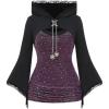 ROSE GAL Women Plus Size Gothic Punk Lace Panel Bell Sleeves Chains Hooded Strug and Textured Tank Top Set(Black_3)