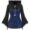 ROSE GAL Women Plus Size Gothic Punk Lace Panel Bell Sleeves Chains Hooded Strug and Textured Tank Top Set(Blue_1)