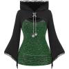 ROSE GAL Women Plus Size Gothic Punk Lace Panel Bell Sleeves Chains Hooded Strug and Textured Tank Top Set(Green_1)