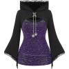 ROSE GAL Women Plus Size Gothic Punk Lace Panel Bell Sleeves Chains Hooded Strug and Textured Tank Top Set(Purple_1)