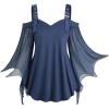 ROSE GAL Women Plus Size Gothic Top Buckle Straps Cold Shoulder Mesh Bell Sleeve Witch Halloween Costume Gothic Tee(Blue_1)