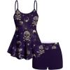 ROSE GAL Women Plus Size Gothic Tummy Control Modest Tankini Swimsuit Skulls Print Two Piece Bathing Suits(Deep Purple)