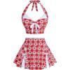 ROSE GAL Women Plus Size Retro Bikini Gingham Two Piece Swimsuit with Skirt Halter Tummy Control Bathing Suit(Red)