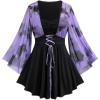 ROSE GAL Women Plus Size Romantic Gothic Lace-up Mesh Bell Sleeves Tee Renaissance Top Gothic Top(Purple_1)