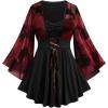 ROSE GAL Women Plus Size Romantic Gothic Lace-up Mesh Bell Sleeves Tee Renaissance Top Gothic Top(Red_1)