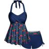ROSE GAL Women Plus Size Two Piece Tankini Swimsuits Retro Cherry Dots Print Halter Cinched Ruched Modest Bathing Suits(Deep Blue)